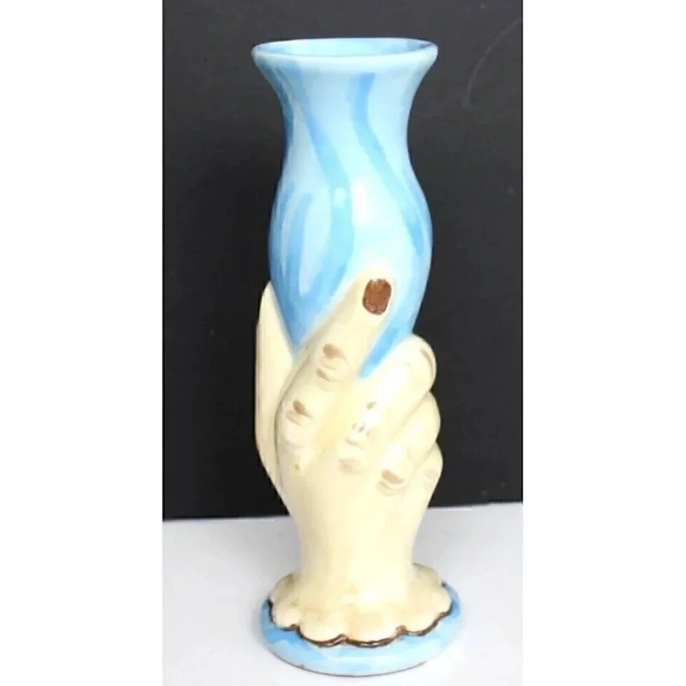 Vtg Pottery Blue Retro Hand Vase Hand Holding Vase Flower Room Decor 8.5" Tall